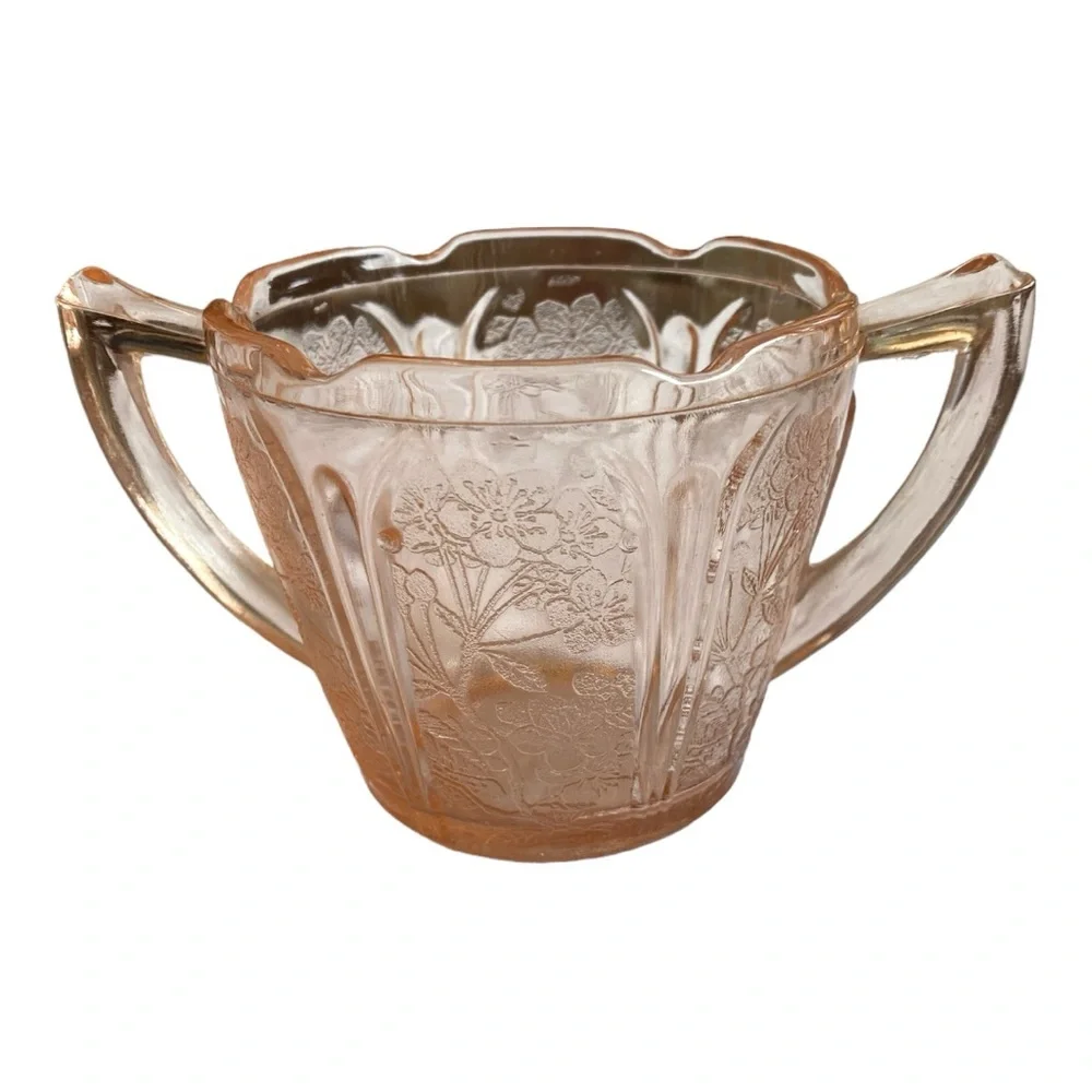 Vintage Pink Depression Glass Cherry Blossom Creamer & Sugar Set Jeannette 1930s